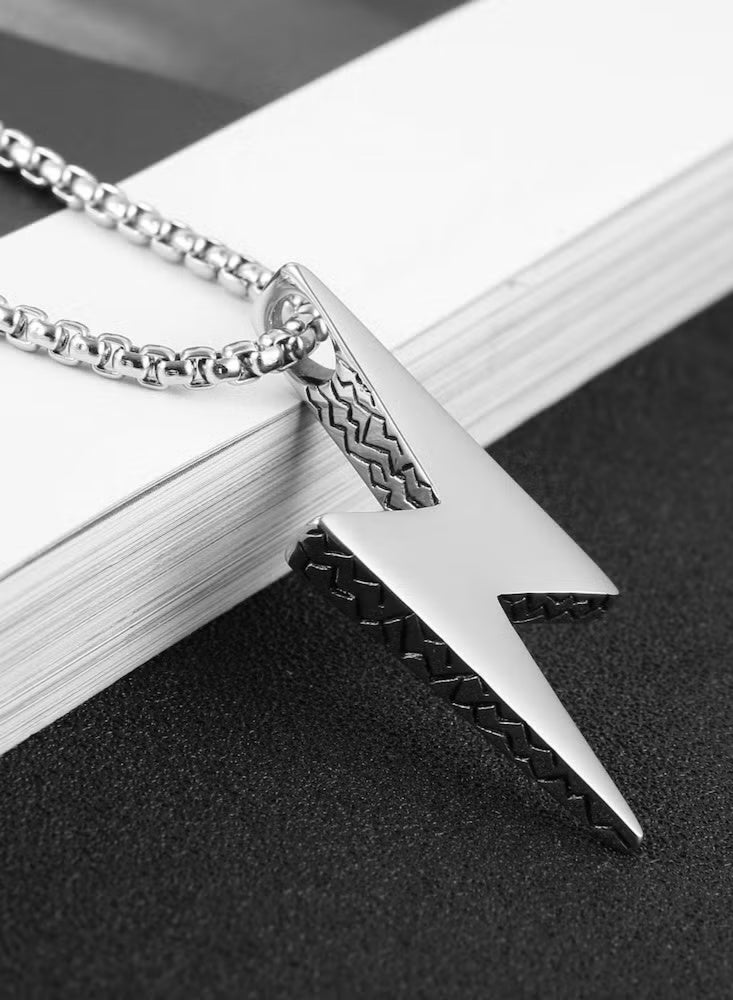 قلادة جريئة من الفولاذ المقاوم للصدأ بقلادة على شكل صاعقة برق وسلسلة صندوقية - قلادة تصريحية رجالية حيوية. - Image 2